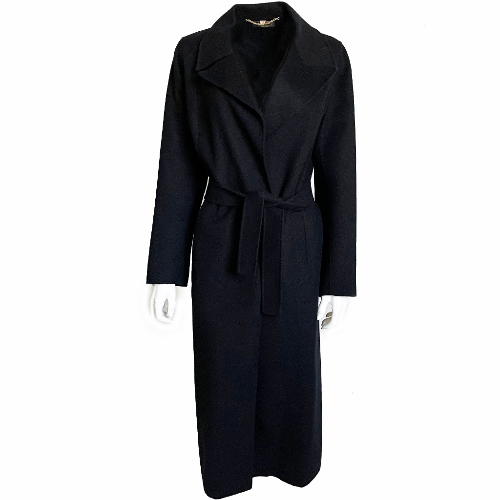 Black Wool Coat By Ascam Italy Trench Style Wrap Made In Italy